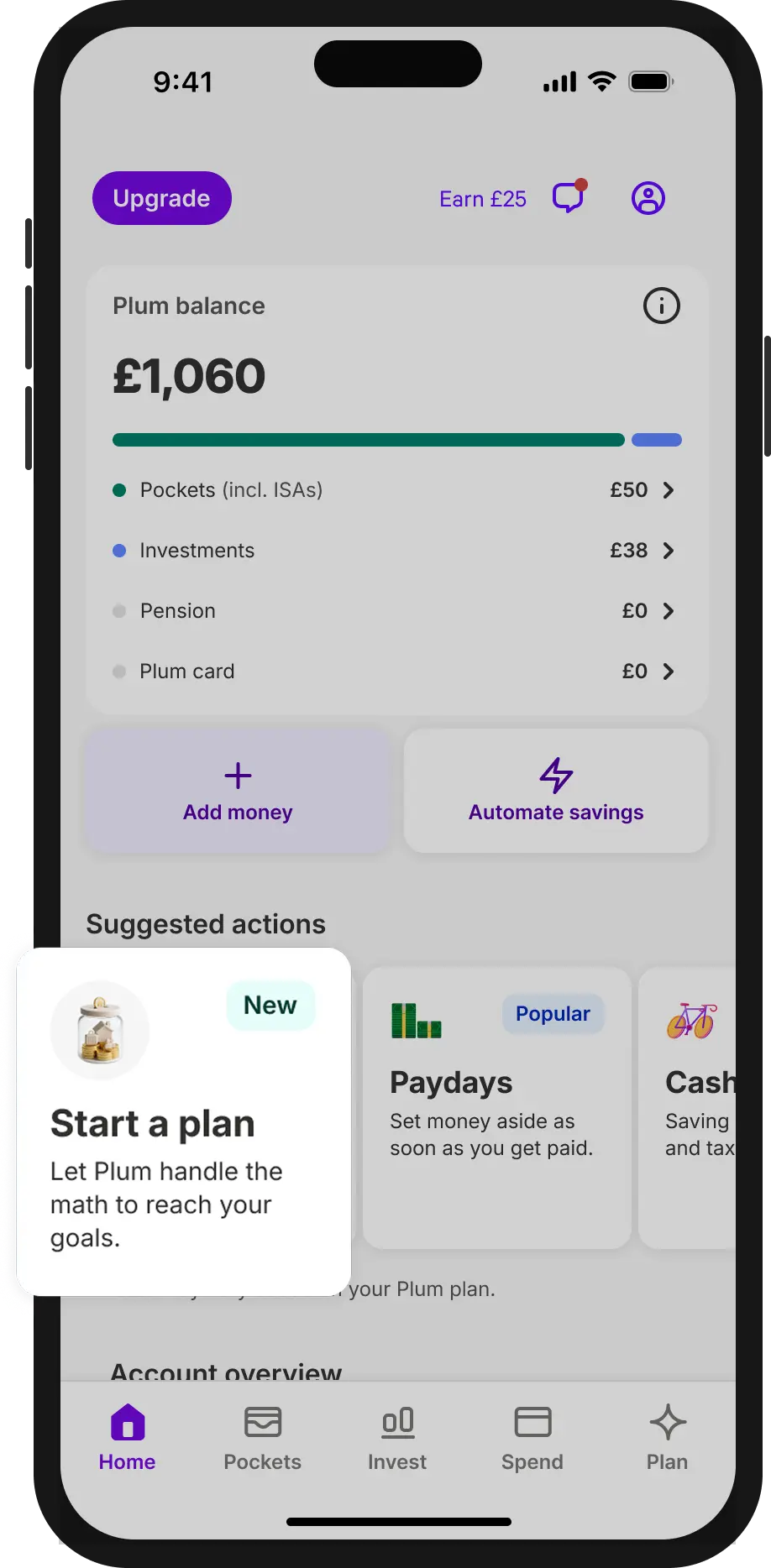 Homepage with the new 'Start a Plan' suggested action