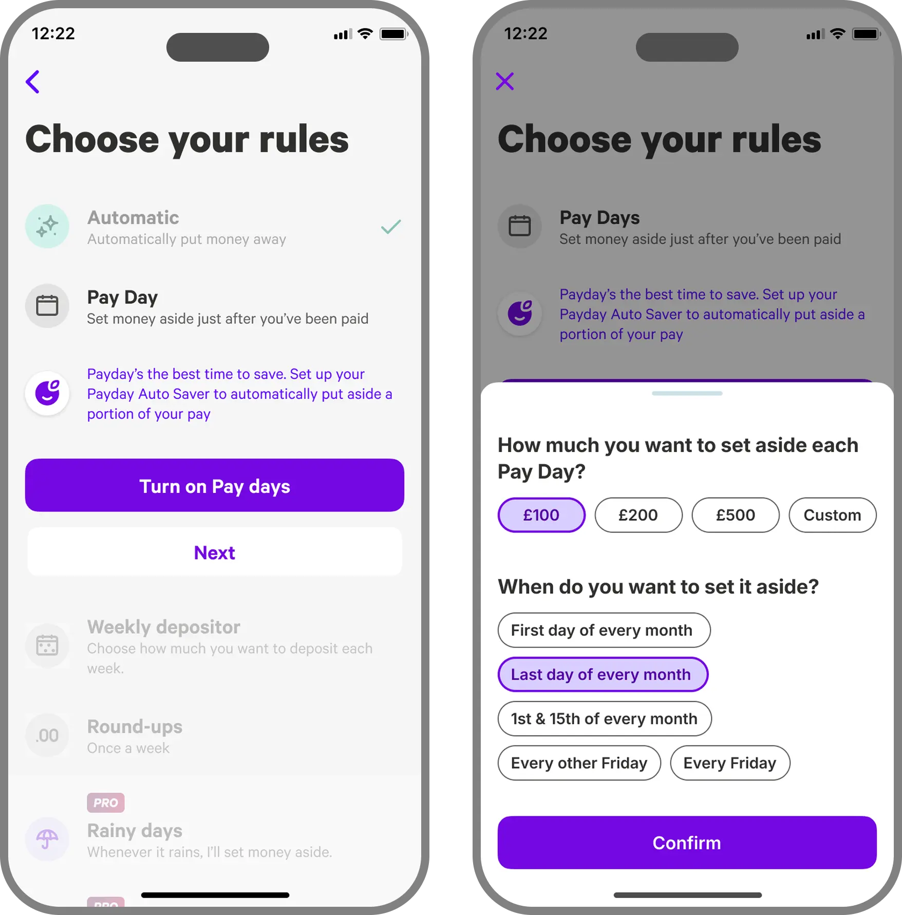 Payday added to the automation onboarding flow, with amount and frequency pre-filled