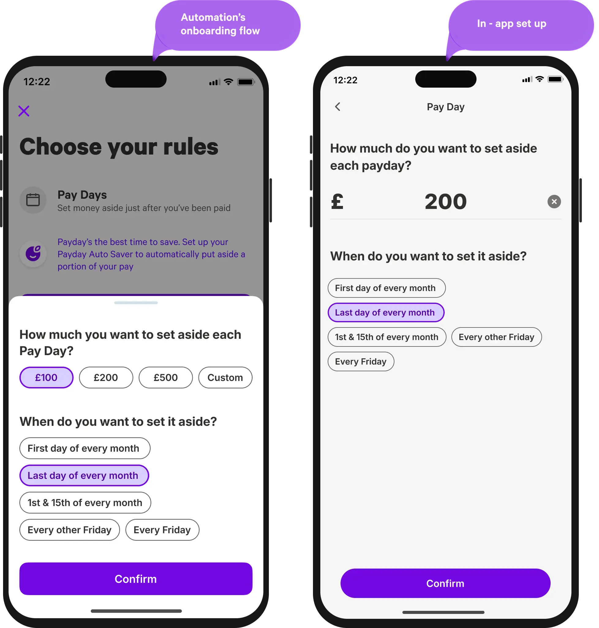 Onboarding setup and in-app Payday setup shown side by side, using the same layout and inputs