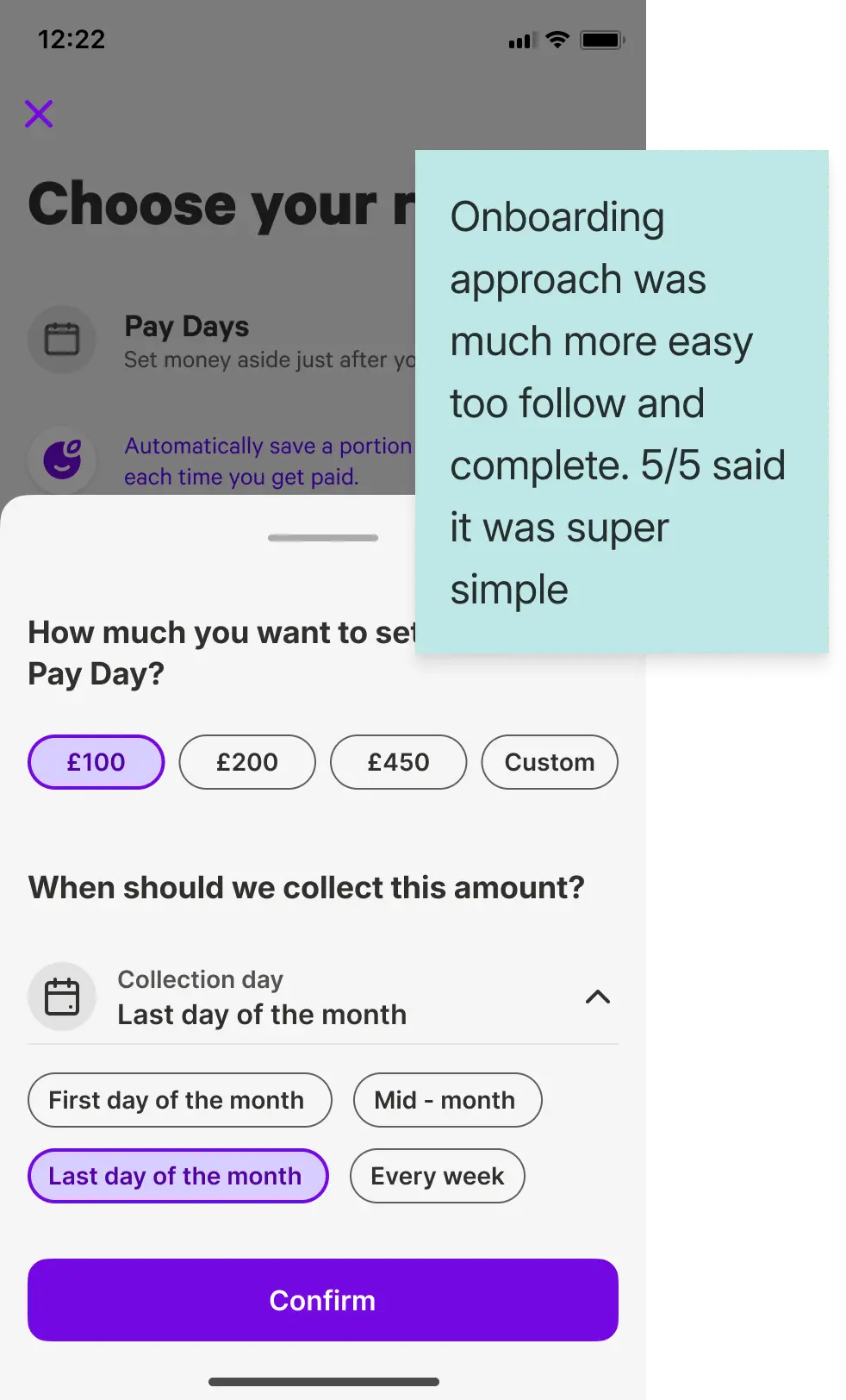 Usability study insights for the onboarding Payday setup flow